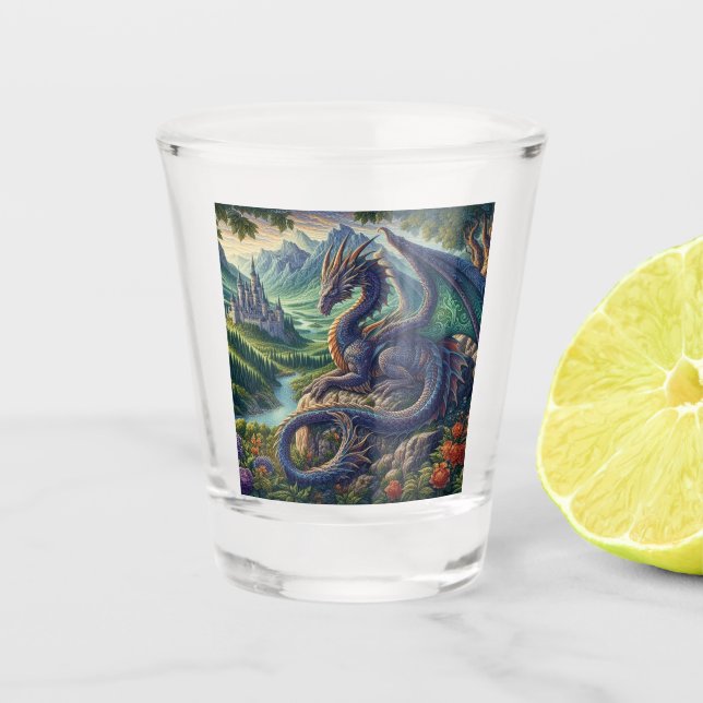 Colourful, Mediaeval Dragon castle Shot Glass (Front)