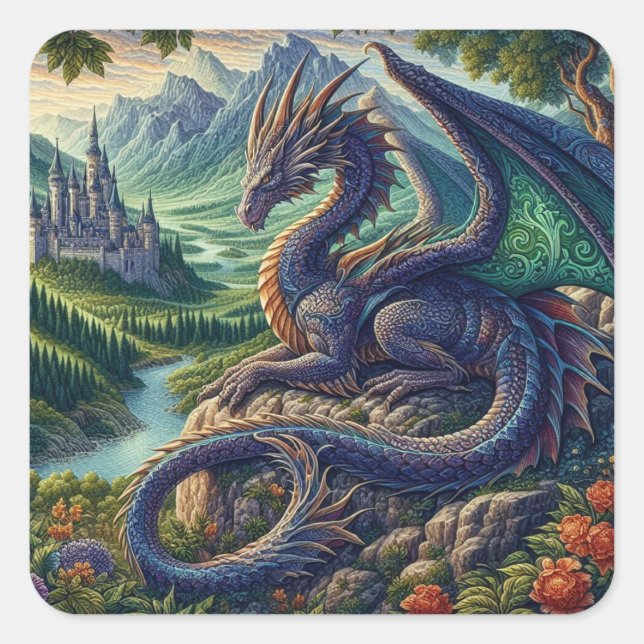 Colourful, Mediaeval Dragon castle Square Sticker (Front)