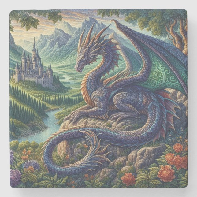 Colourful, Mediaeval Dragon castle Stone Coaster (Front)