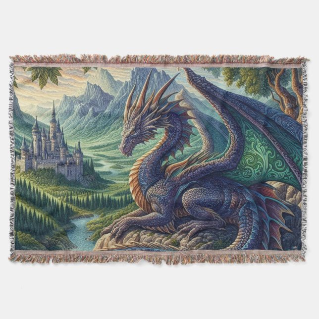 Colourful, Mediaeval Dragon castle Throw Blanket (Front)