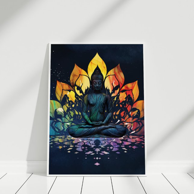 Colourful Meditating Buddha Universe Wall Art (Colorful Meditating Buddha Universe Wall Art in white frame against white wall.)