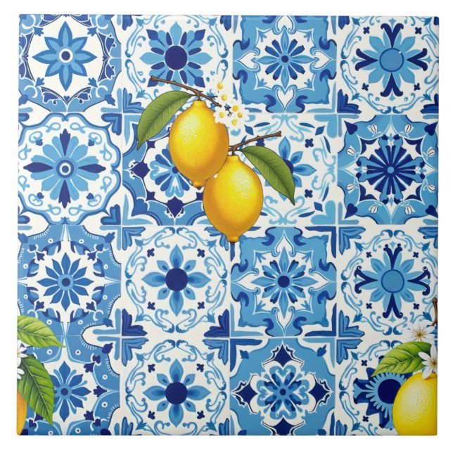 Colourful,Mediterranean,mosaic,blue,lemon, Ceramic Tile (Front)