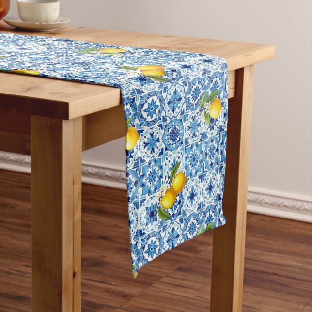 Colourful,Mediterranean,mosaic,blue,lemon, Medium Table Runner (In Situ)