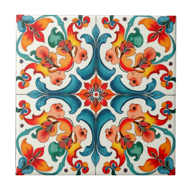 Colourful,Mediterranean,mosaic,blue,orange,green, Ceramic Tile (Front)