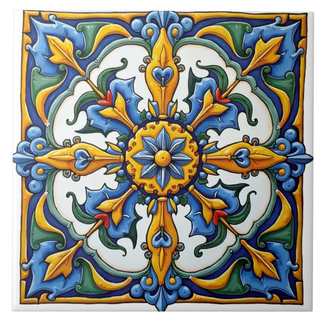 Colourful,Mediterranean,mosaic,blue,orange,green, Ceramic Tile (Front)