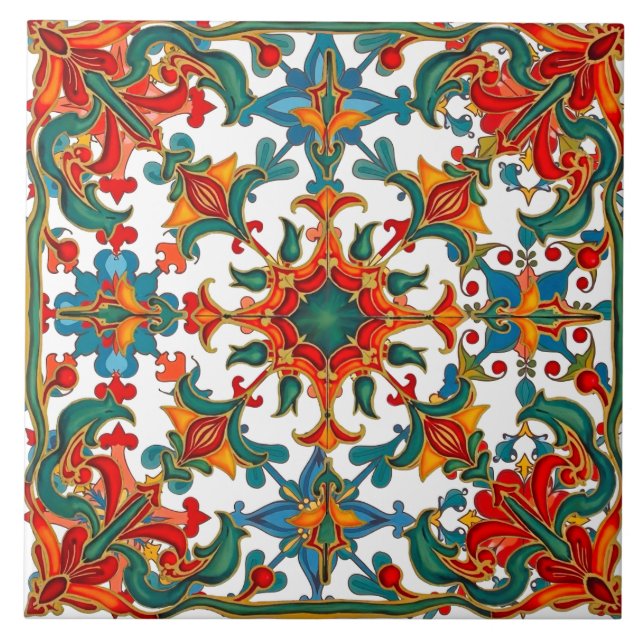 Colourful,Mediterranean,mosaic,red,orange,green, Ceramic Tile (Front)