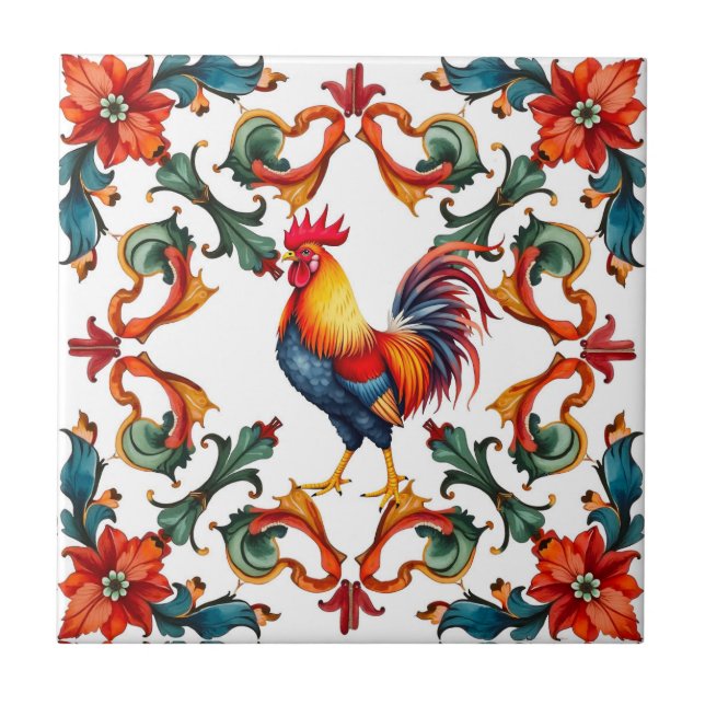 Colourful,Mediterranean,mosaic,rooster,bird, Ceramic Tile (Front)