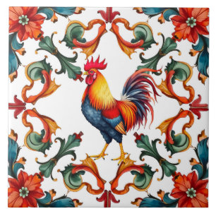Colourful,Mediterranean,mosaic,rooster,bird, Ceramic Tile