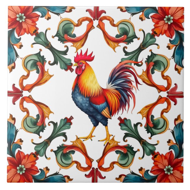 Colourful,Mediterranean,mosaic,rooster,bird, Ceramic Tile (Front)