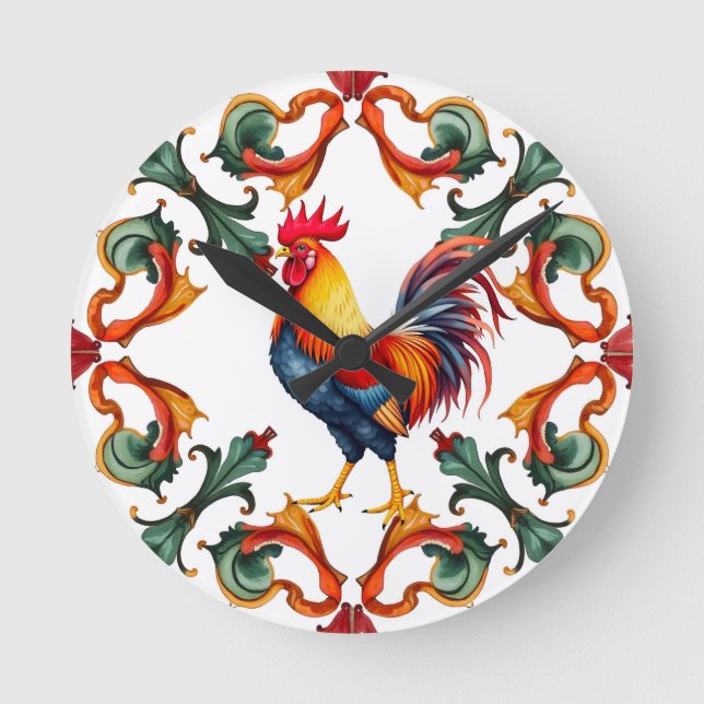 Colourful,Mediterranean,mosaic,rooster,bird, Round Clock (Front)