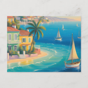 Colourful Mediterranean Village on Tropical Beach Holiday Postcard