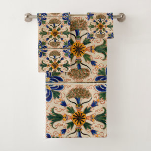 Colourful Mediterranean Vintage Floral Pattern Bath Towel Set