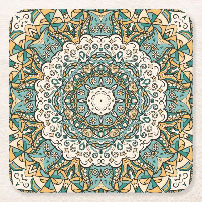Colourful Mehndi Tile Seamless Tracery Square Paper Coaster (Front)