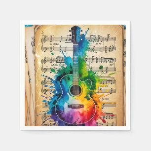 Colourful Melody: Painted Guitar on Vintage Music Napkin