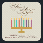 Colourful Menorah Hanukkah Square Sticker<br><div class="desc">Here's a fun graphic look for a Hanukkah sticker. A colourful menorah highlights a striped taupe coloured panel with an ornate "Festival of Lights" in a typographic treatment above. A special customised message goes underneath. Great as envelope seals or for sticking on holiday packages or gifts. Available in alternate colours...</div>