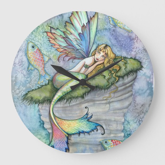 Colourful Mermaid and Carp Fish Fantasy Art Large Clock (Front)