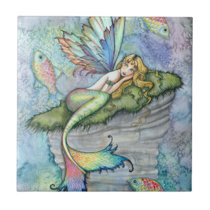 Colourful Mermaid and Carp Fish Fantasy Art Tile