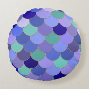Colourful Mermaid Scales Aqua Teal Purple Blues Round Cushion