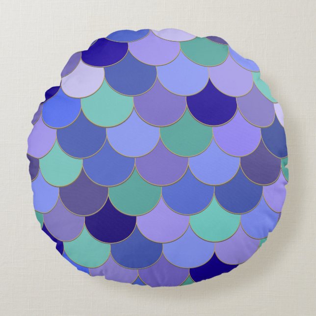 Colourful Mermaid Scales Aqua Teal Purple Blues Round Cushion (Front)