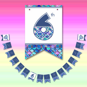 Colourful Mermaid Scales Little Girls 6th Birthday Bunting