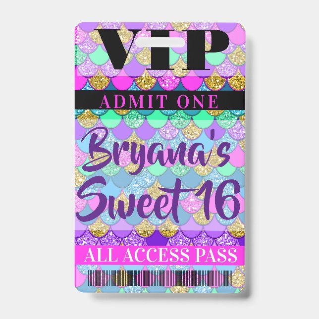 Colourful Mermaid Scales Party Sweet 16 VIP Pass ID Badge (Front)
