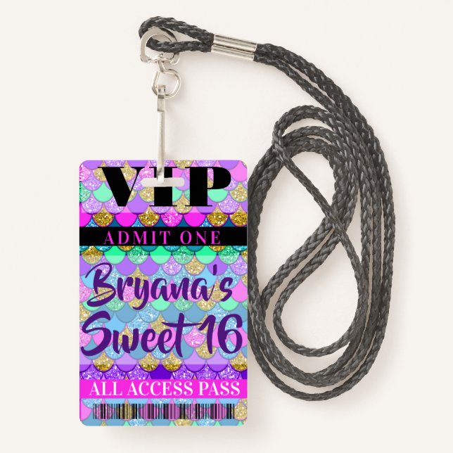 Colourful Mermaid Scales Party Sweet 16 VIP Pass ID Badge (Front with Lanyard)