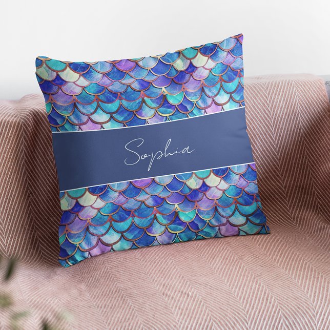 Colourful Mermaid Scales Pattern Little Girls Name Cushion (Creator Uploaded)