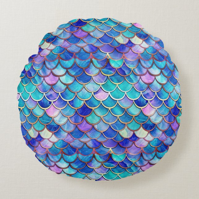 Colourful Mermaid Scales Pattern Little Girls Round Cushion (Front)