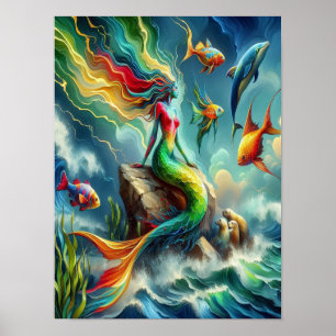Colourful Mermaid Seated on Rocky Shore 12x16 Poster