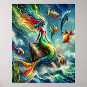 Colourful Mermaid Seated on Rocky Shore  16x20 Poster