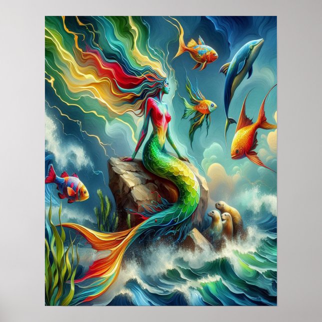 Colourful Mermaid Seated on Rocky Shore  16x20 Poster (Front)