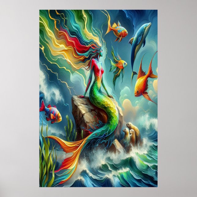 Colourful Mermaid Seated on Rocky Shore  24x36 Poster (Front)