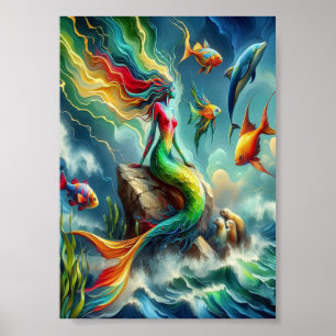 Colourful Mermaid Seated on Rocky Shore  5x7 Poster