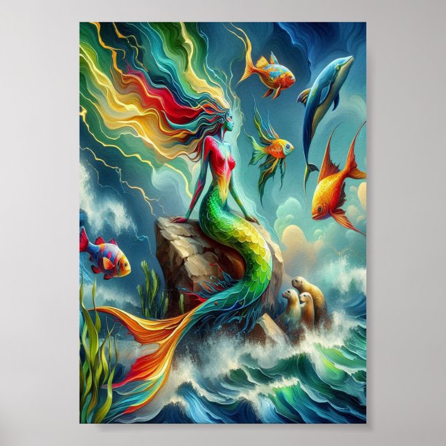 Colourful Mermaid Seated on Rocky Shore  5x7 Poster (Front)