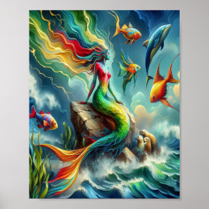 Colourful Mermaid Seated on Rocky Shore  8x10 Poster