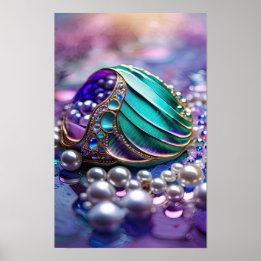 Colourful Mermaid Teal Jewels Poster