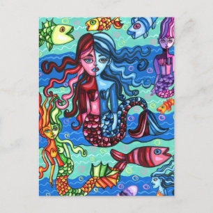 Colourful Mermaids Fish Abstract Original Painting Postcard