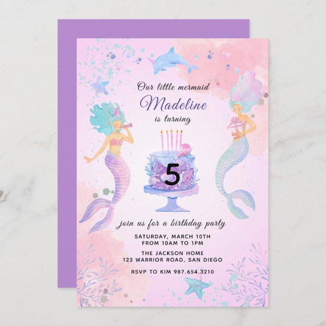 Colourful Mermaids Under The Sea Birthday Party Invitation (Front/Back)
