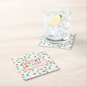 Colourful Merry and Bright Christmas Square Paper Coaster