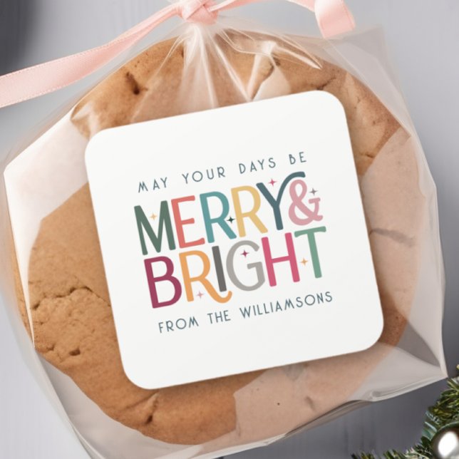 Colourful Merry and Bright Cute Retro Stars Holida Square Sticker (Creator Uploaded)