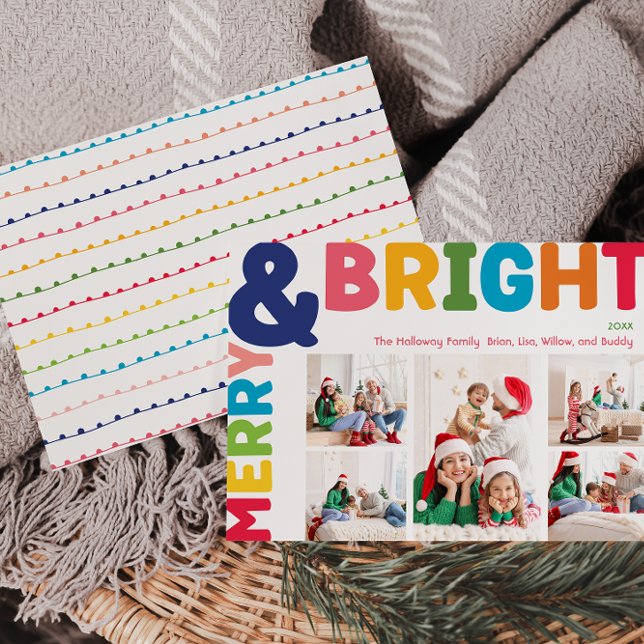 Colourful Merry And Bright Five Photo Holiday Card (Creator Uploaded)