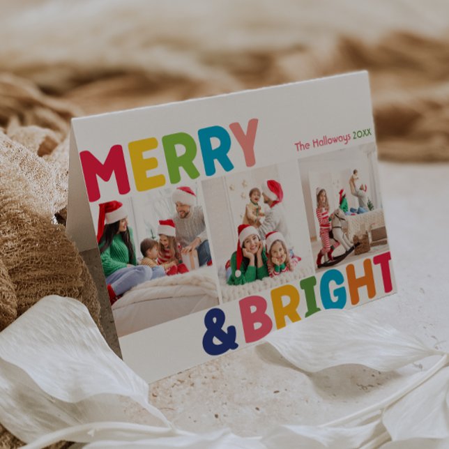 Colourful Merry and Bright Folded Three Photo Holiday Card (Creator Uploaded)