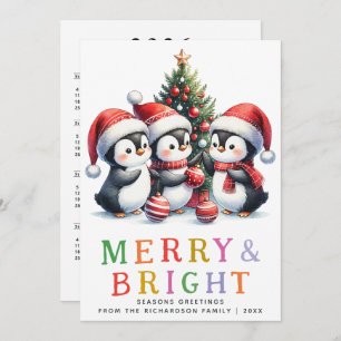 Colourful Merry and Bright Fun Penguins Christmas Holiday Card