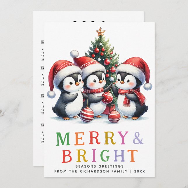 Colourful Merry and Bright Fun Penguins Christmas Holiday Card (Front/Back)