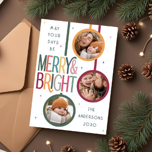 Colourful Merry and Bright Photo Cute Retro Stars Holiday Card