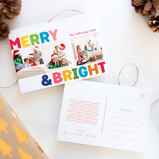 Colourful Merry and Bright Year in Review 3 Photo Holiday Postcard (Creator Uploaded)
