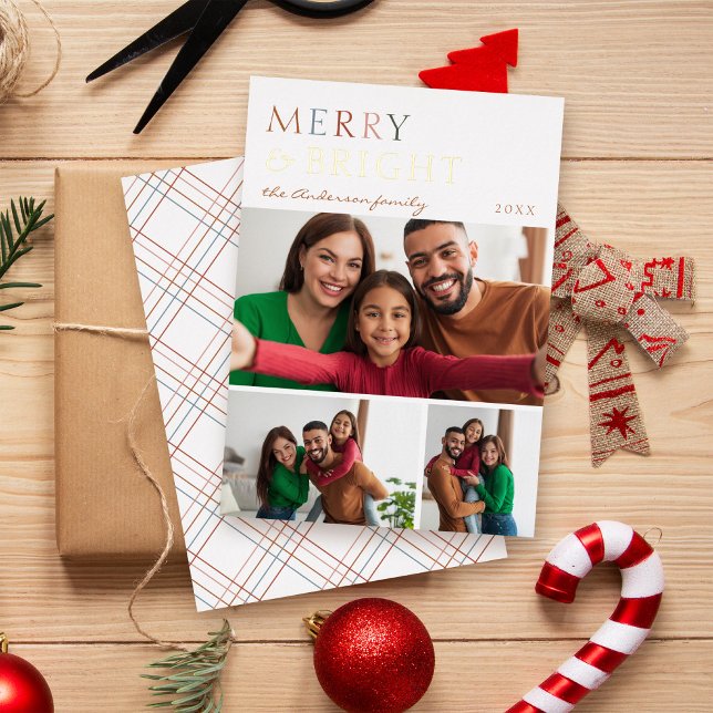 Colourful Merry & Bright 3 Photo Collage Christmas Foil Holiday Card (Creator Uploaded)