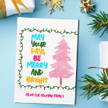 Colourful Merry Bright Pink Christmas Tree Custom Holiday Card<br><div class="desc">Cute and cheerful holiday cards featuring a colourful strand of Christmas lights wrapped around your vibrant script. May Your Days Be Merry and Bright written in bold letters from light blue to your family name in hot pink. A rainbow of colours on cute card for the holidays with a pretty...</div>