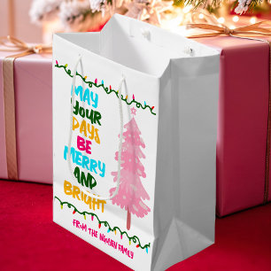 Colourful Merry Bright Pink Christmas Tree Custom Medium Gift Bag