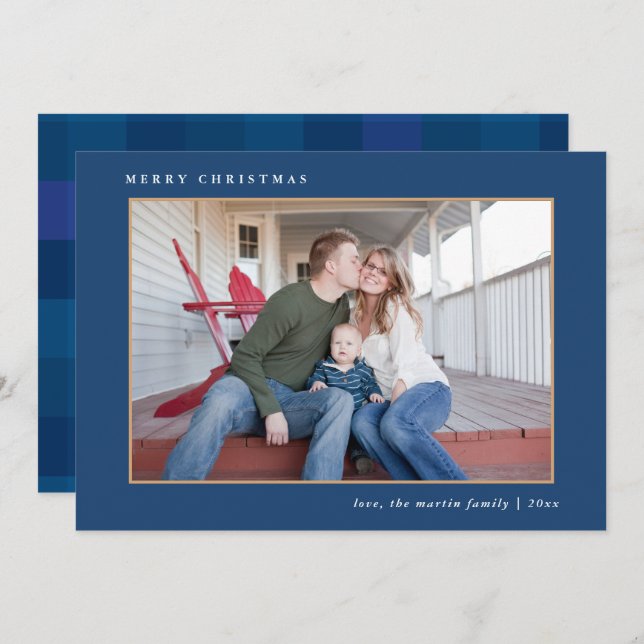 Colourful Merry Christmas Blue Plaid Print Holiday Card (Front/Back)